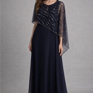 Adrianna Papell Navy Maxi Dress with Embellished Overlay
